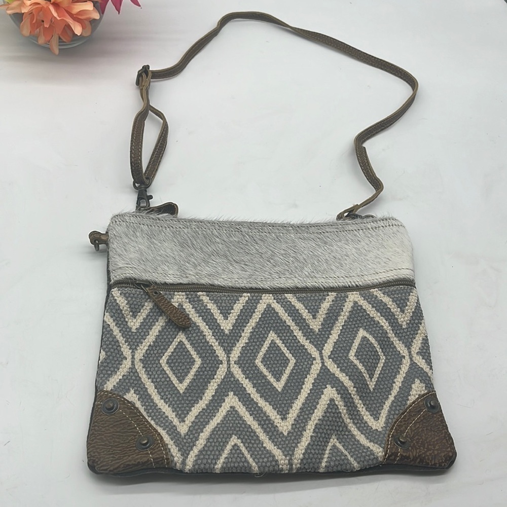 Myra Upcycled Crossbody Bag Leather Pony Hair Accents. MCB1945C